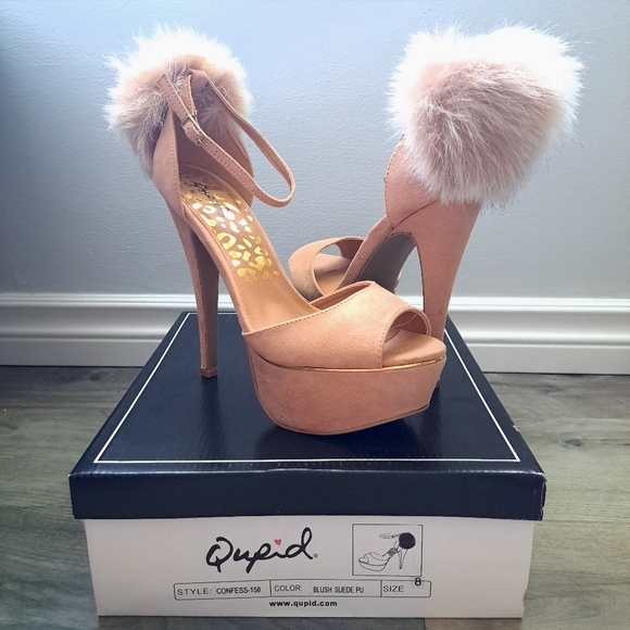Qupid | Blush suede pu~ tan/Pinkish open toed heels with ankle strap and Pom Pom - Picture 1 of 10